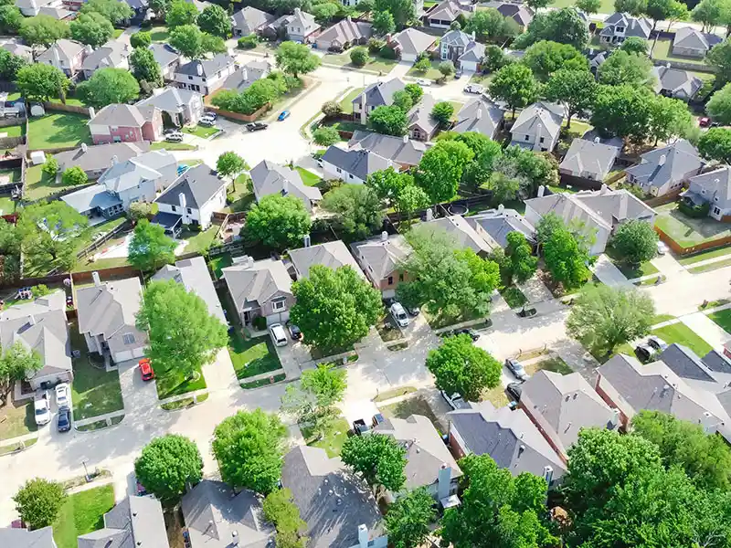 Top view of a large neighborhood in a suburb